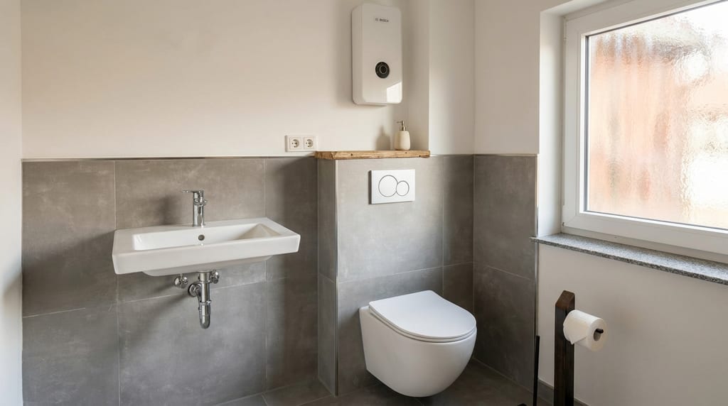 Waschbereich mit Wandwaschbecken, hängendem WC und grauen Fliesen neben einem Fenster mit Strukturglas.