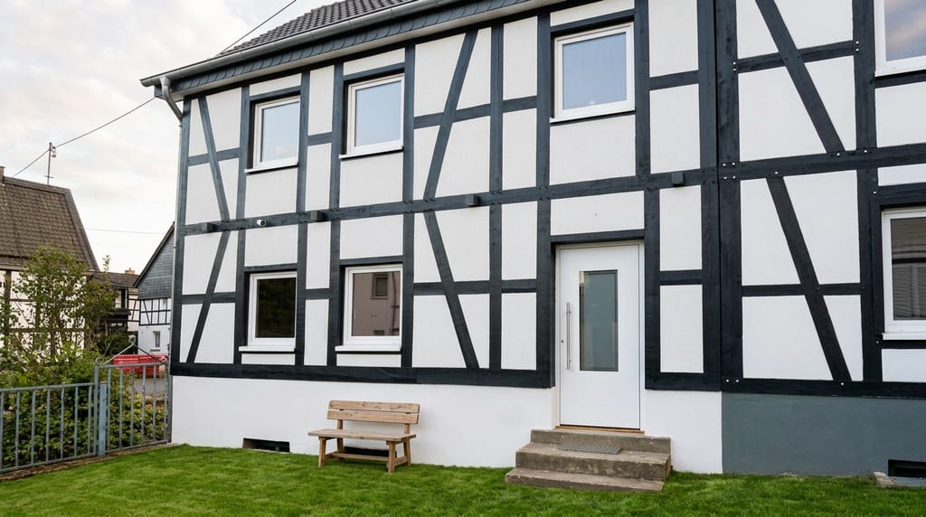 Eingangsseite des Fachwerkhauses mit weißer Haustür, Steinstufen und einer Holzbank auf dem Rasen.