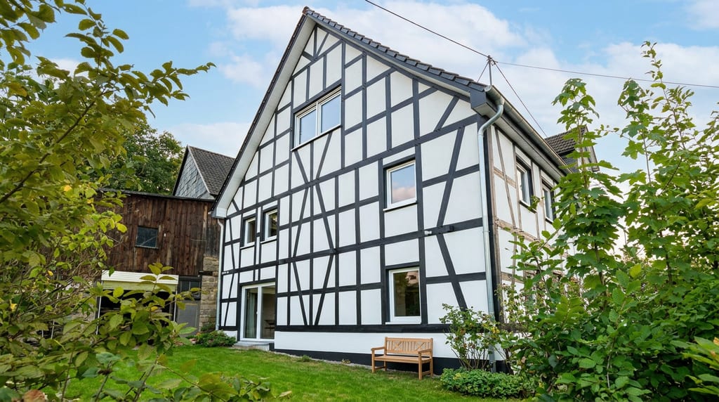 Giebelseite des weiß verputzten Fachwerkhauses mit dunklen Balken, davor eine Rasenfläche mit Holzbank, umrahmt von Sträuchern.